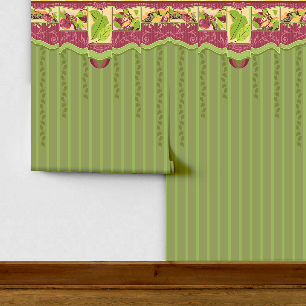 The artwork is a decorative design featuring a combination of floral and leafy elements with a crafts-inspired theme. The upper section includes a maroon band adorned with patterns and a series of rectangular panels showcasing illustrations of apples and apple leaves in soft, natural colors such as green, purple, and beige. Below this, a green scalloped border transitions into vertical green stripes and leaf motifs in varying shades of green. The design emphasizes a harmonious blend of nature-inspired elements with a textured, handcrafted aesthetic.